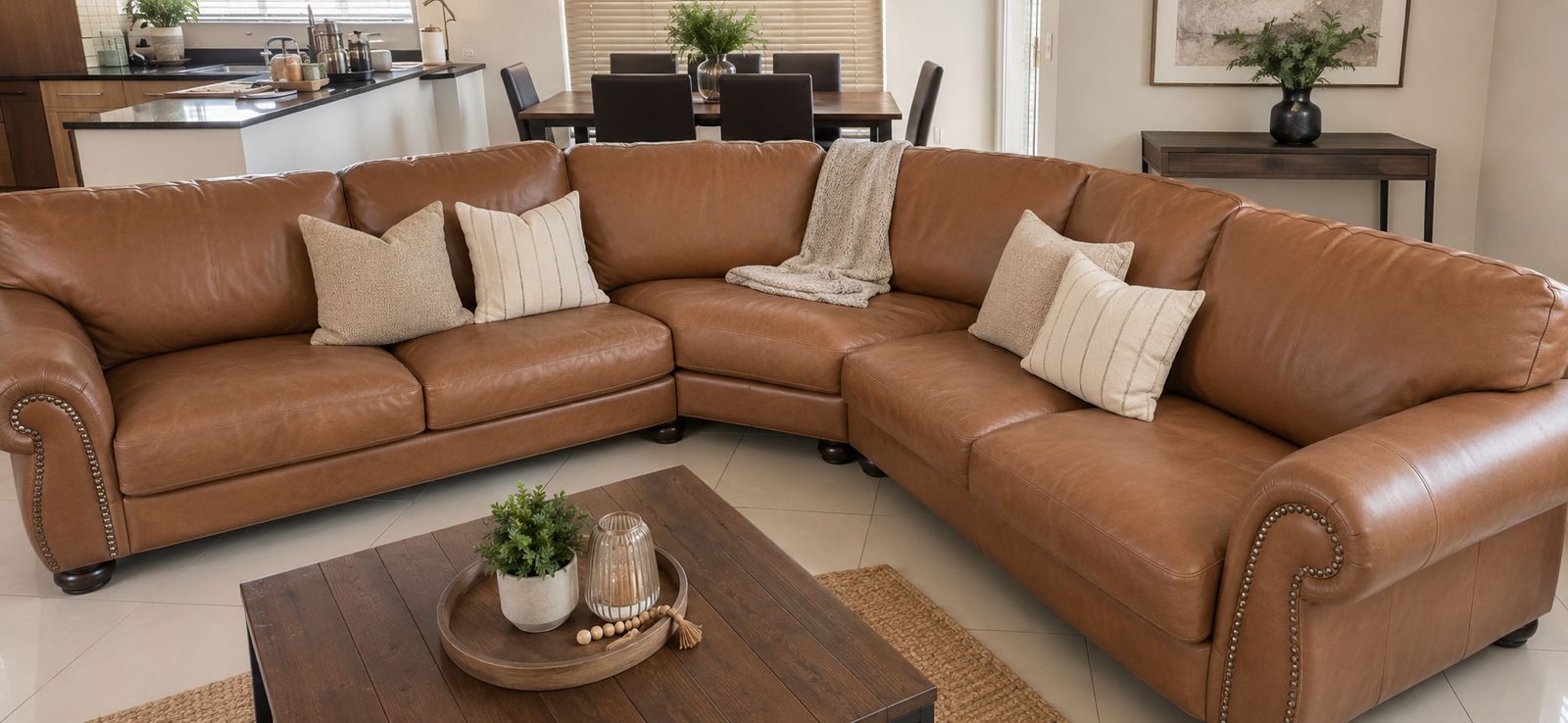 Tan leather corner sectional reupholstered